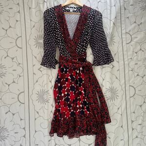 Diane von Furstenberg Silk Wrap Dress Red Navy Polka Dot Sz 6